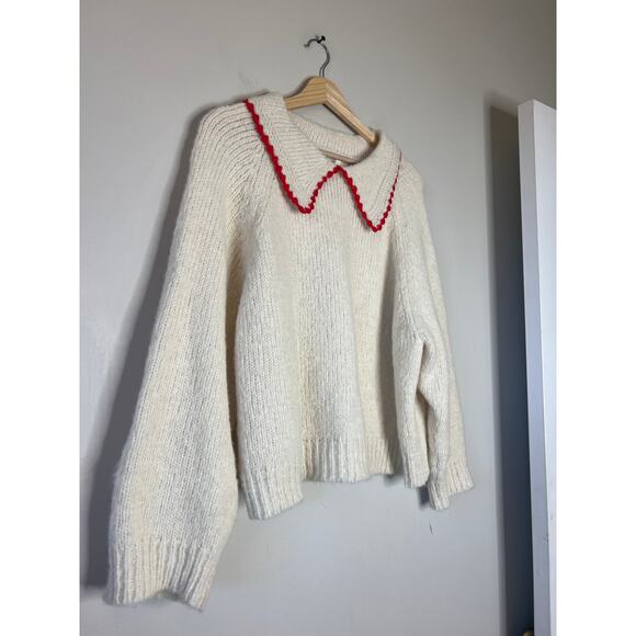 NEW The Great. Crochet Collar Mid-Weight Knit Long Sleeve Soft White Cherry - Picture 3 of 7